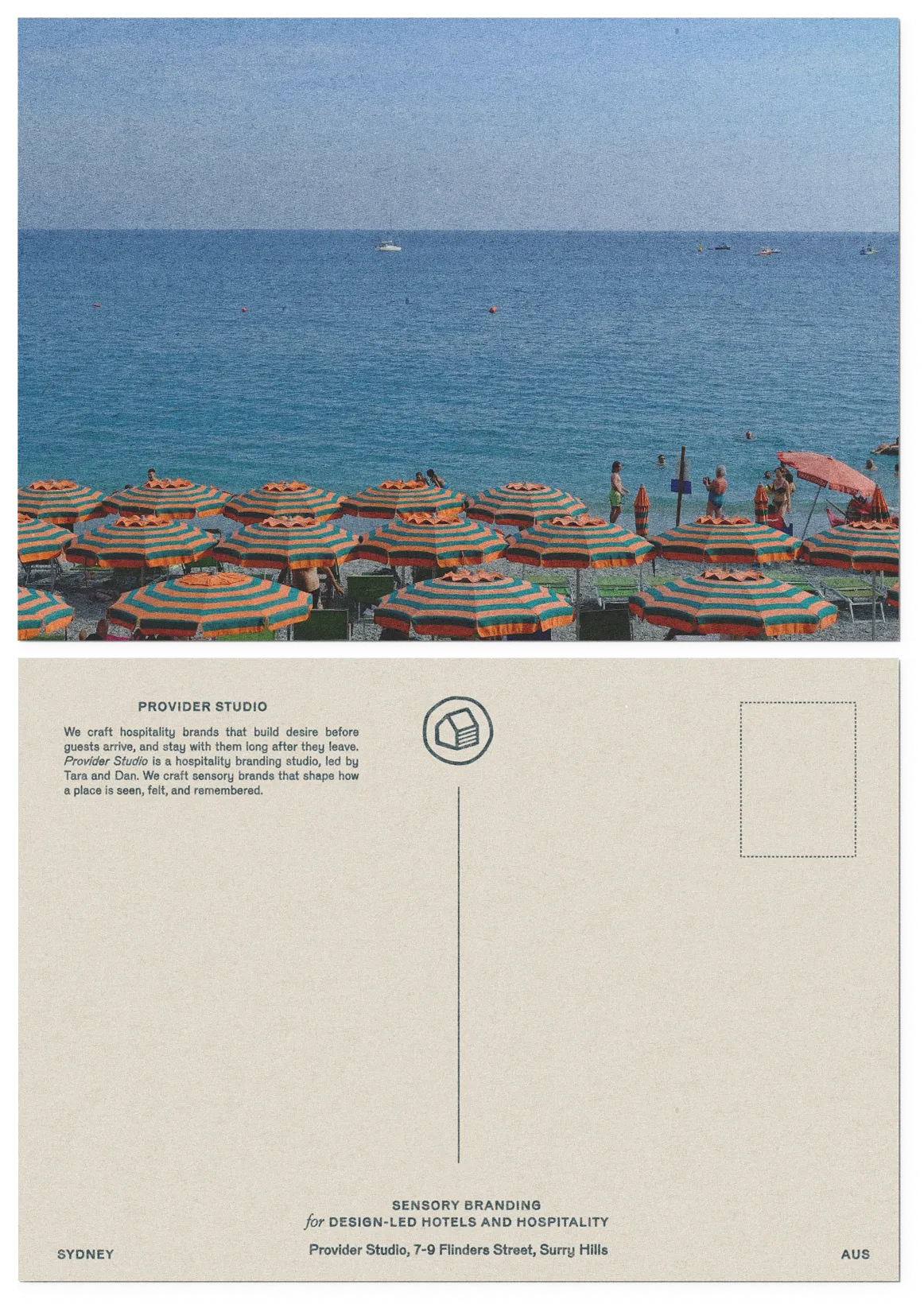 A postcard-style collage of a beach umbrella scene and Provider Studio branding.